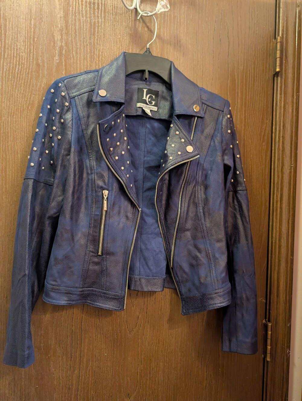 LG Lena Gabrielle Blue Faux Studded Moto Jacket Single Hook Closure Size 2